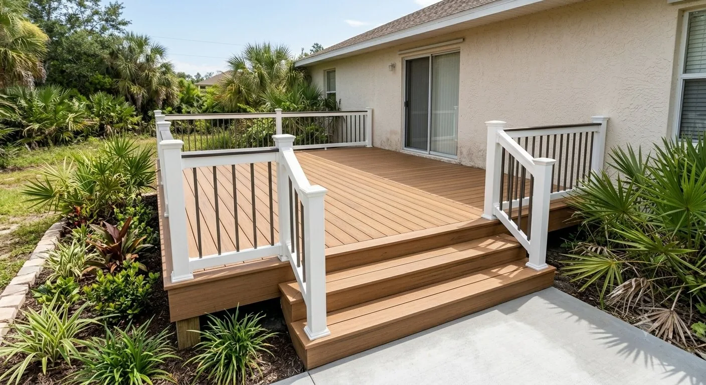 Finished composite backyard deck with white railing built by Riverview Deck Builders
